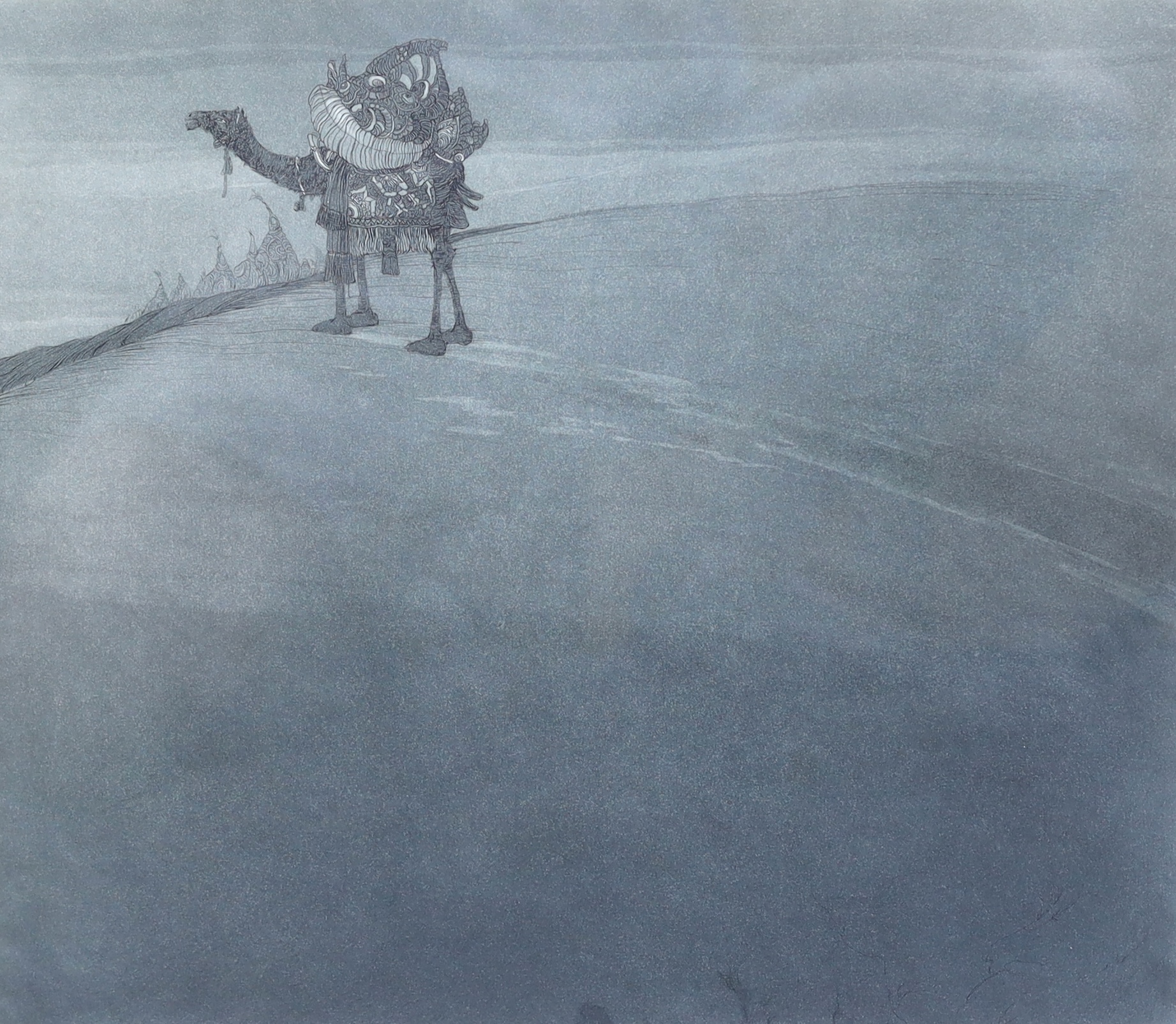 Abdur Rahman Chughtai (Pakistani, 1894-1975), Camel on a sand dune, etching with aquatint, 33 x 37.5cm